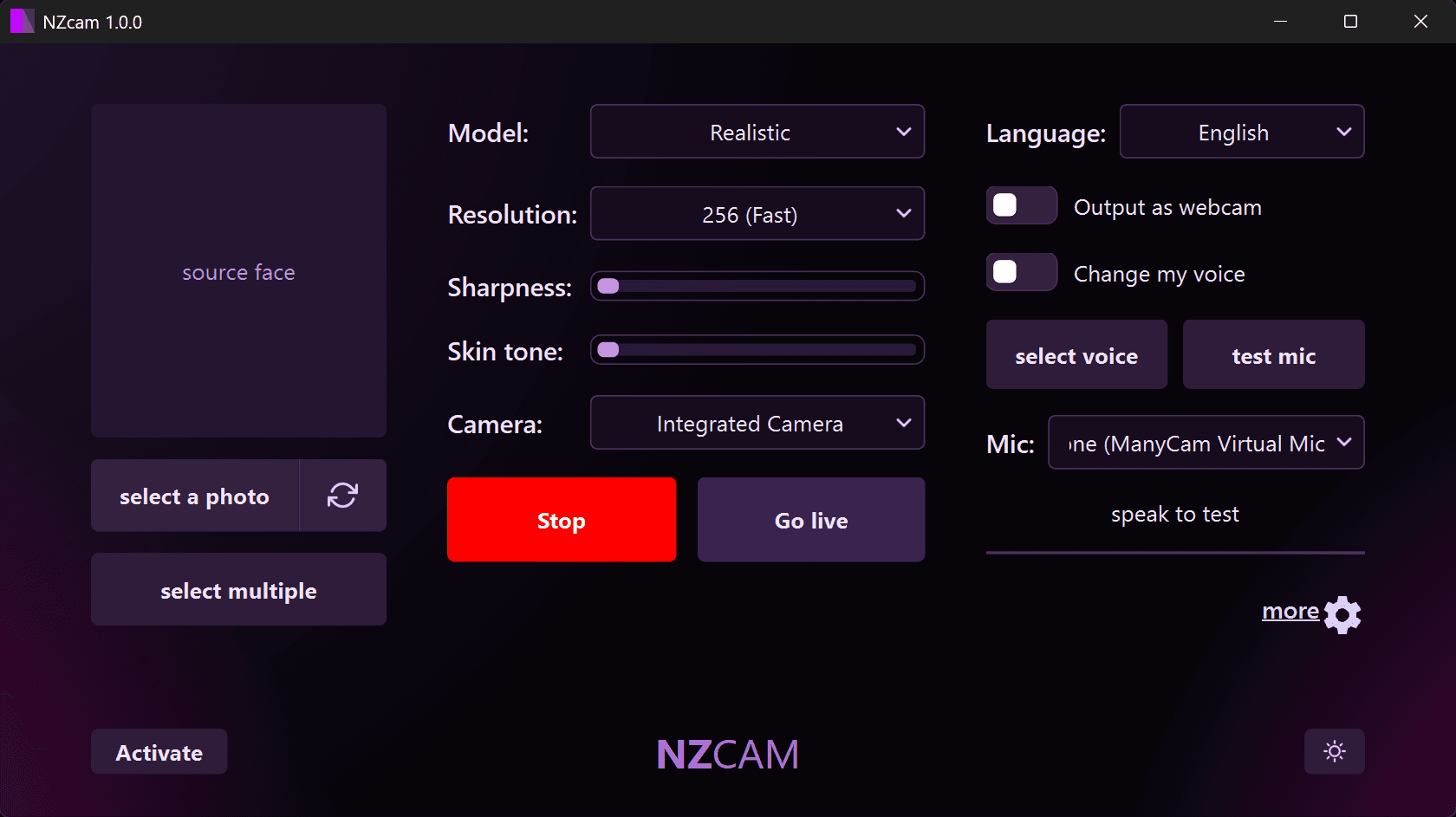NZCAM real-time face swap and voice change app interface in dark mode